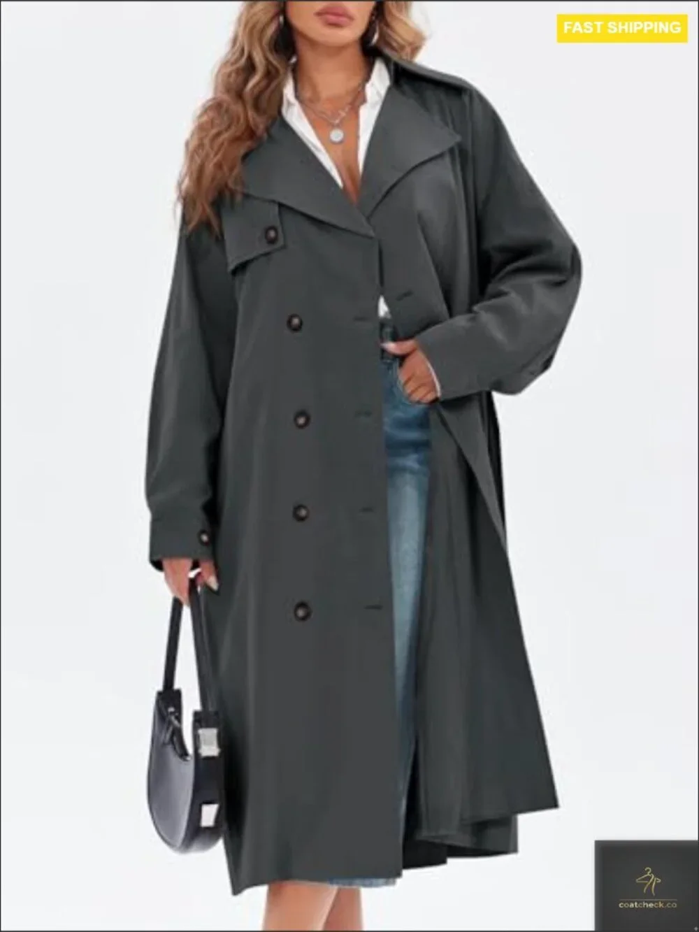 Oversized Double Breasted Trench Coat Classic Elegant Chic Belted Overcoat - Picture 2 of 7